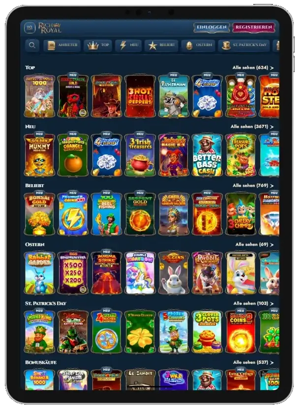 Spielkatalog des RichRoyal Casinos mit Slot-Kacheln auf dem Tablet