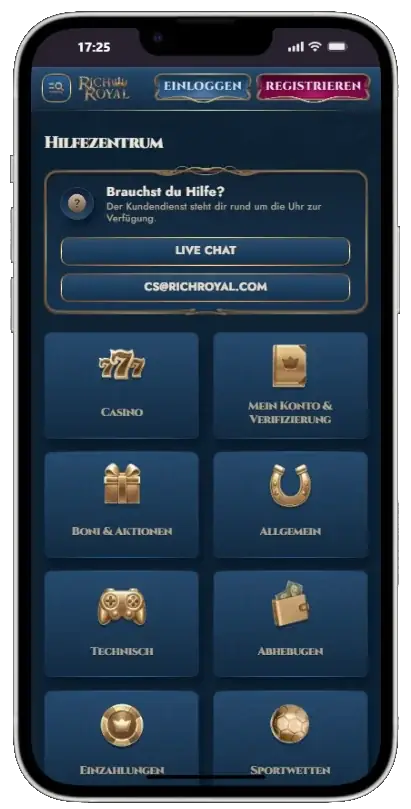 Hilfezentrum von RichRoyal auf dem Smartphone mit Live-Chat und Kategorien