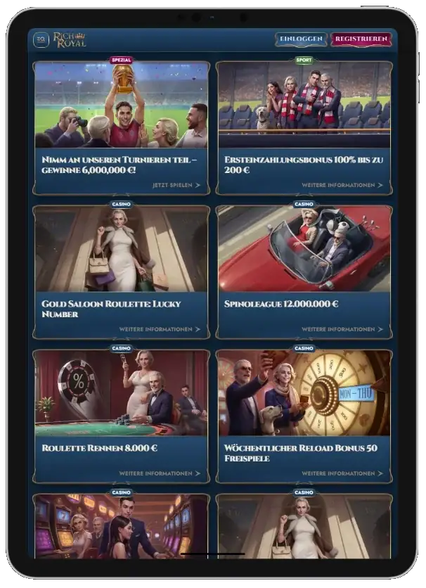 Aktionsseite des RichRoyal Casinos mit Turnieren und Reload-Angeboten auf dem Tablet