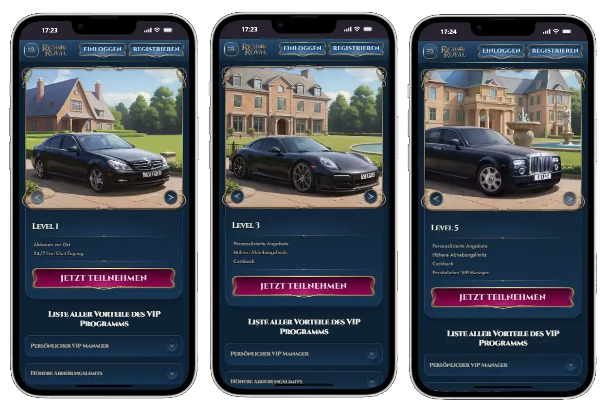 Drei Smartphones zeigen die VIP-Stufen des RichRoyal Casinos